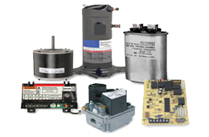 Various genuine replacement parts for HVAC equipment on a white background