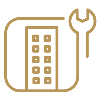 Icon of a building enclosed in a rectangle next to a spanner
